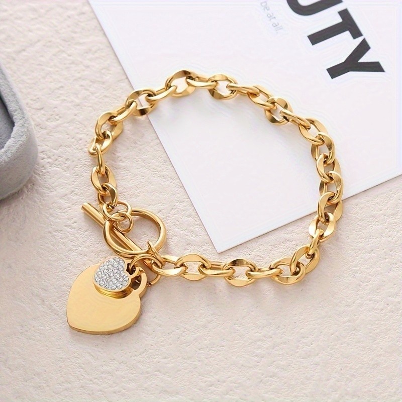 Women’s Heart Inlay Rhinestone Pendant Bracelet OT Buckle Titanium Steel Bracele
