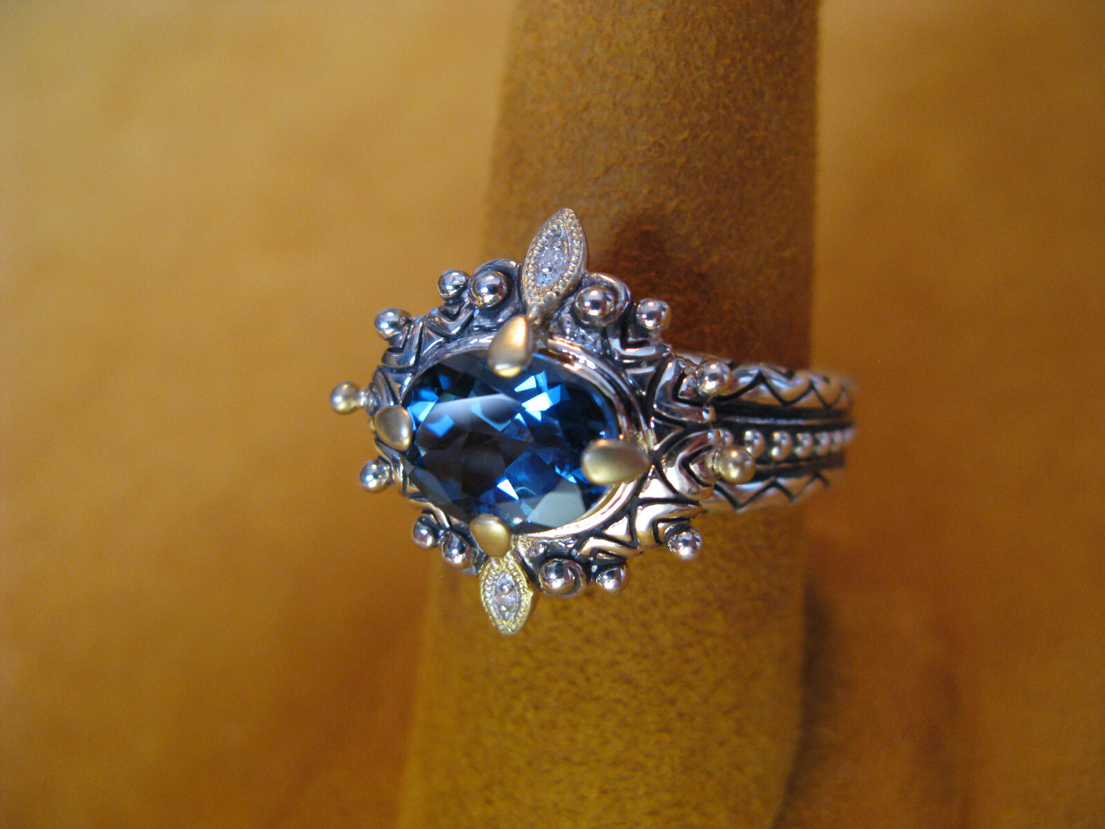 BARBARA BIXBY TOPAZ BLUE WHITE DIAMOND GEMSTONE RING FLOWER SIZE 8 SS 18K Gift