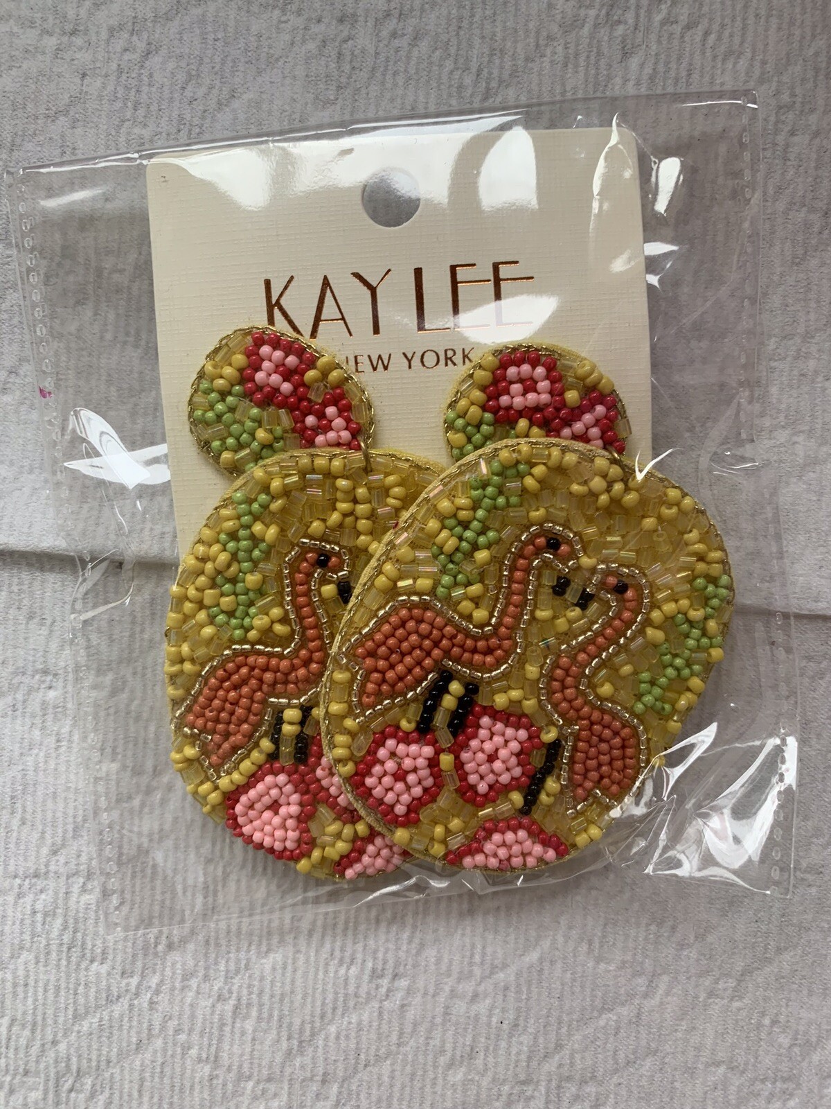 Kay Lee FLAMINGO Beaded Dangle Earrings 2” wide x 3.5” long NEW Post Back Bird