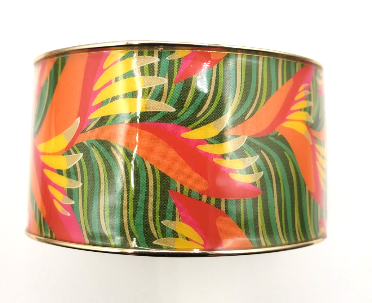 Tropical Bird of Paradise Wide Clamper Bracelet Orange Green Resort Style
