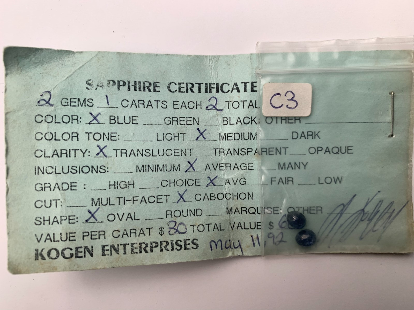 Estate Natural Blue Sapphire Loose Gemstones, Certification Certificate 2k 1992