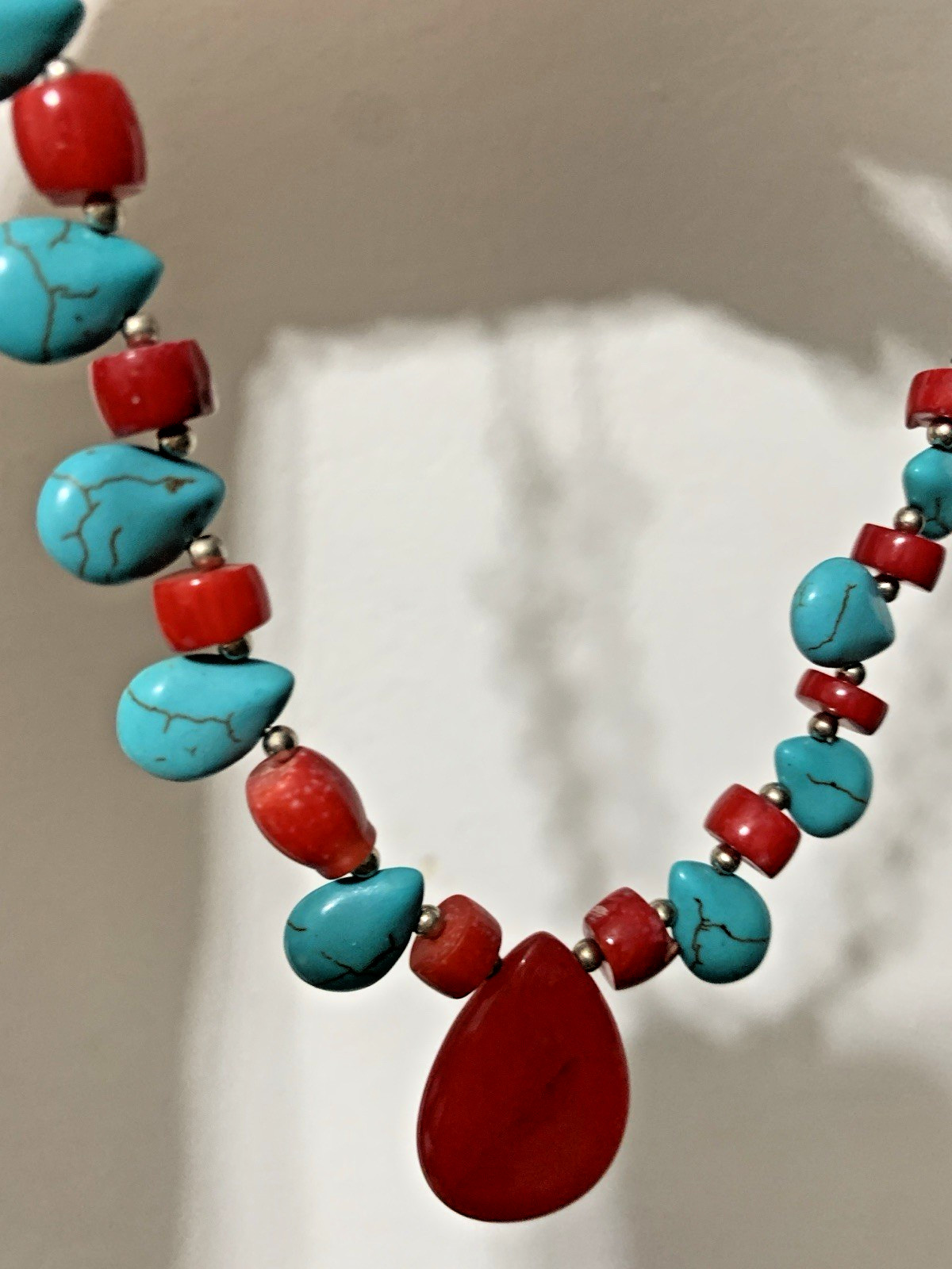 Turquoise And Red Bead Silver Tone Necklace With A Large Red Hanging Stone, 18”