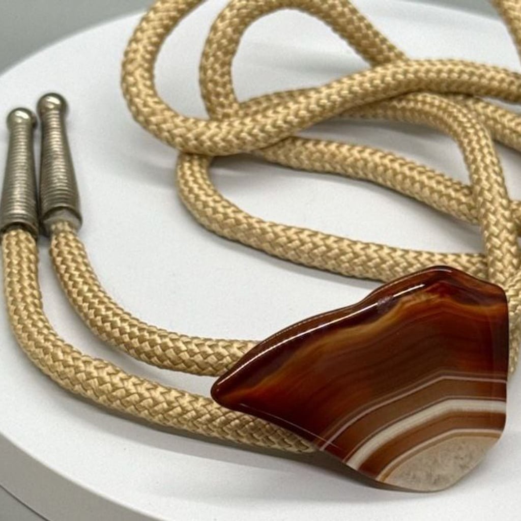 Western Polished Agate Stone Bolo Tie Tan Braided Cord Southwestern Style Vtg