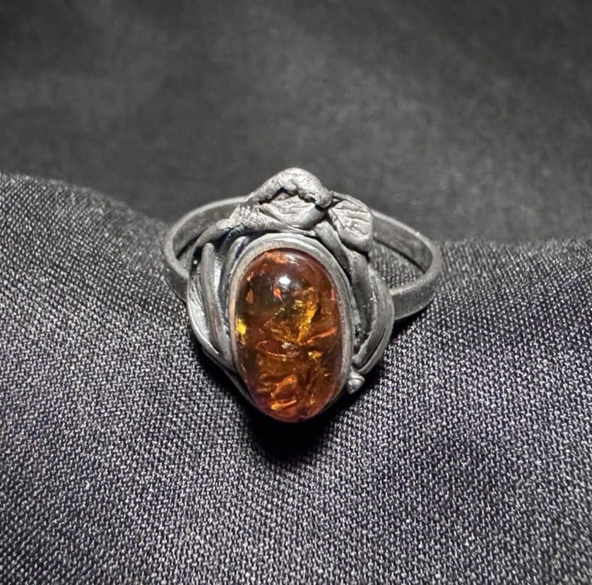 Vintage Sterling Silver Cognac Baltic Amber Ring Organic Leaf Setting Size 8