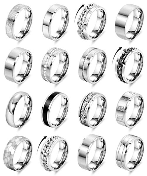 REVOLIA 16PCS Silver Rings for Men Stianless Steel Band Rings for Men Women 9