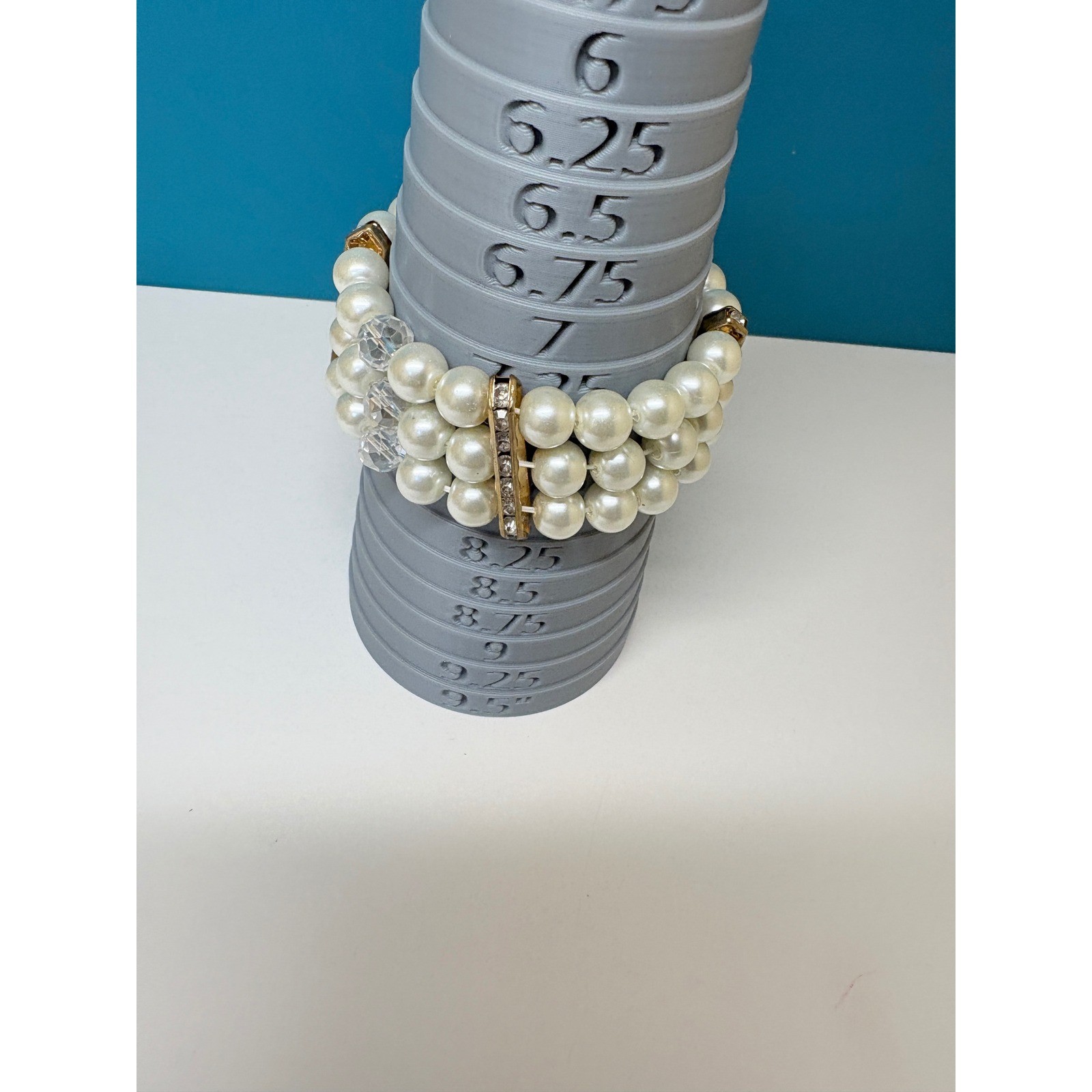 Triple Strand Faux Pearl Stretch Bracelet Gold Tone Rhinestone Cream White