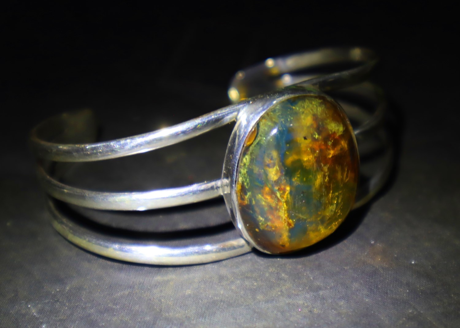 Hugh Natural Clear Green Blue Amber solid .925 Sterling Silver Cuff Bangle 7inch