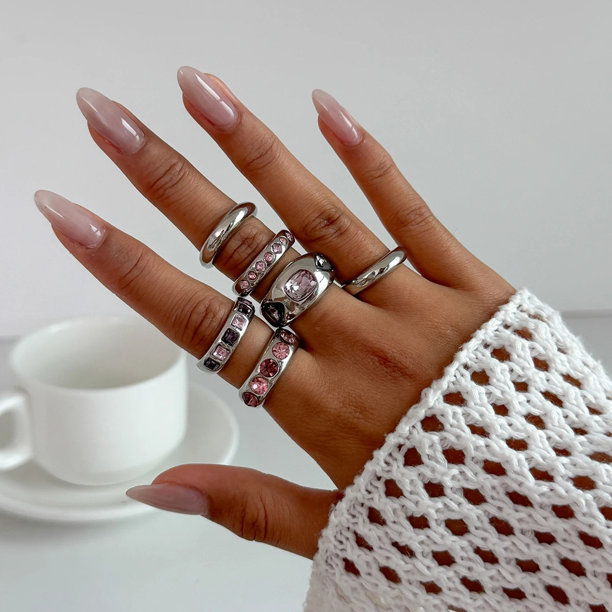 Purple Ring Set Simulated Zirconia Adjustable Open Band Womens Jewelry 6PCS