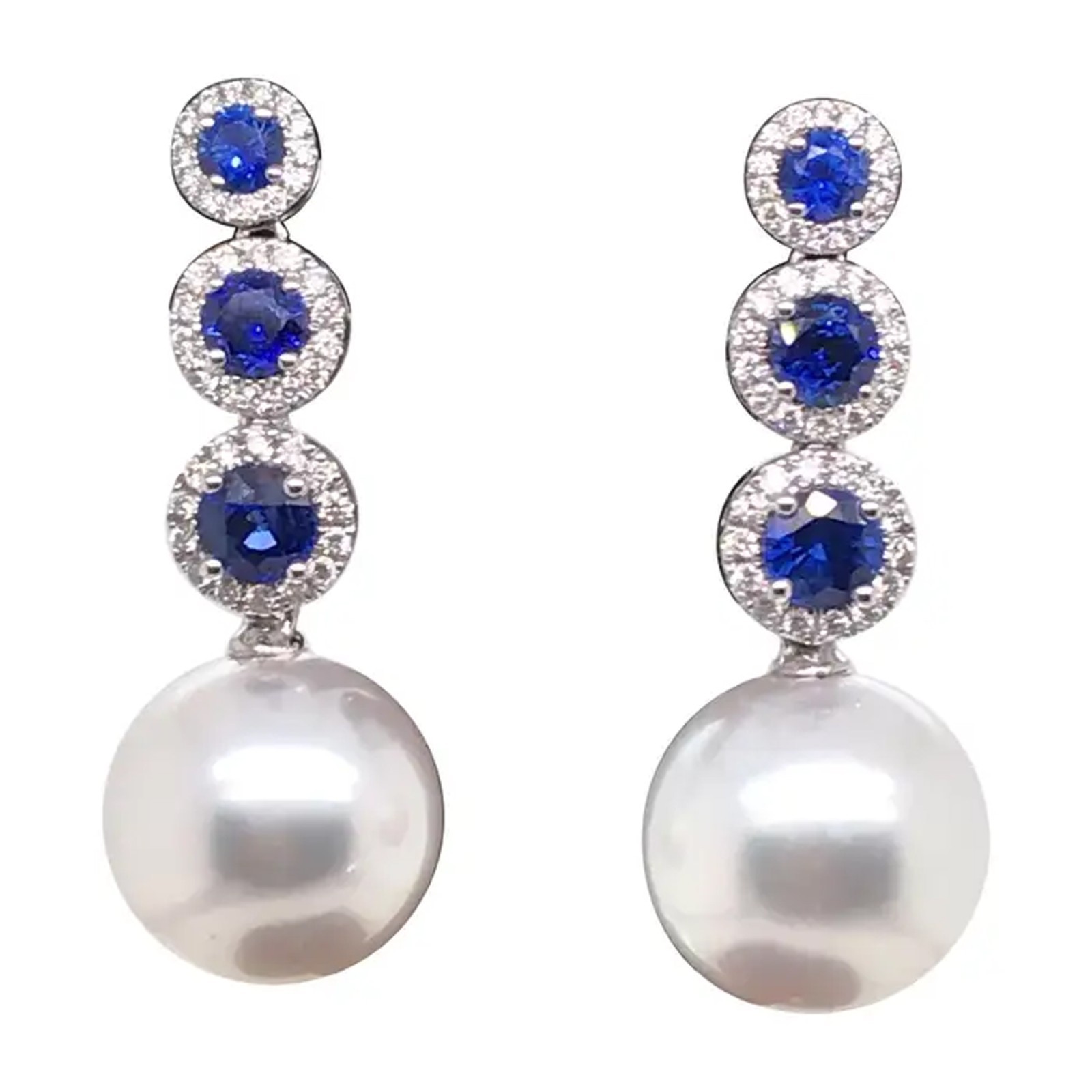 1.60ct Natural Diamond 14k BIS Hallmarked WhiteGold Sapphire Pearl Stud Earrings
