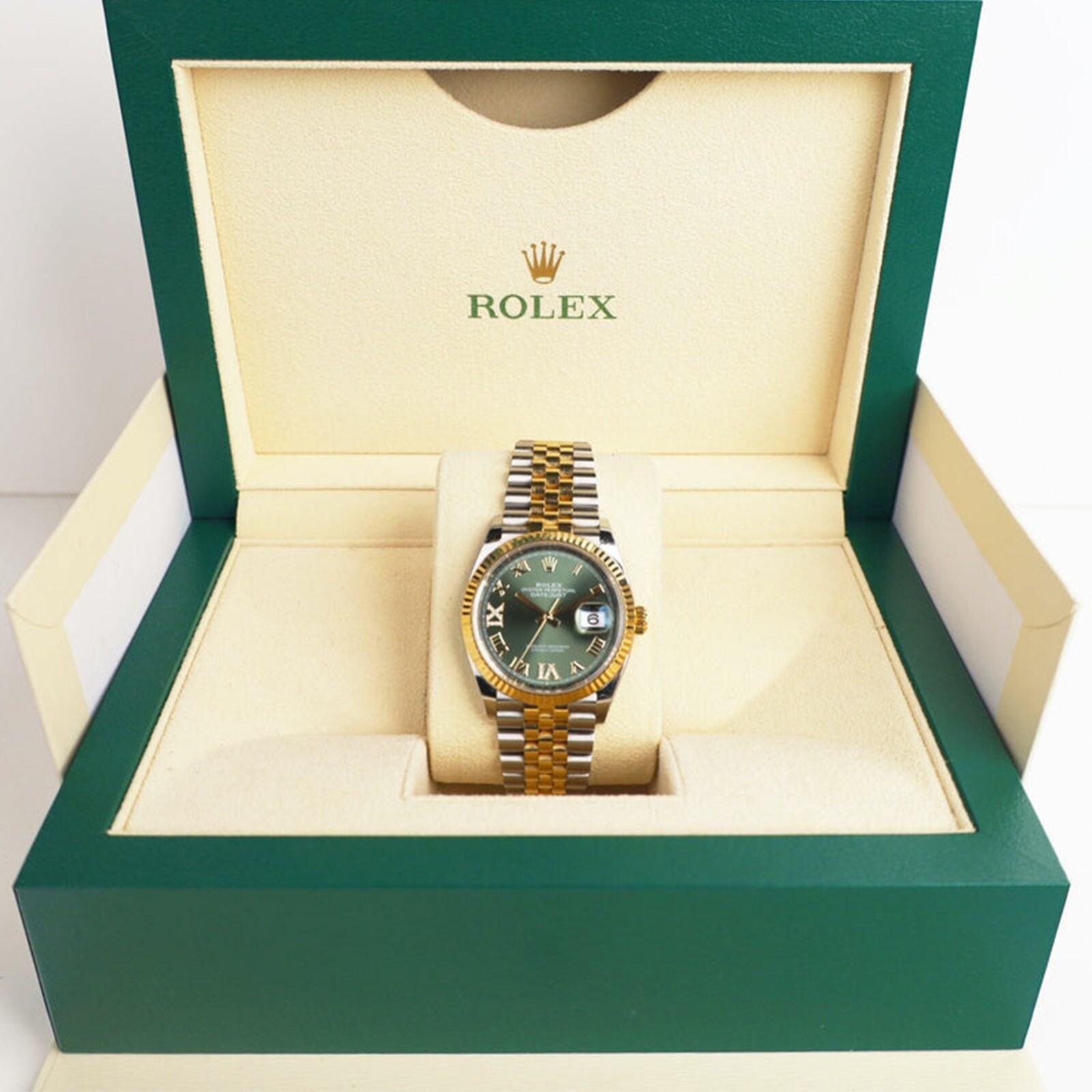Rolex Datejust 36 Two-Tone Jubilee 126233 Olive Green Diamond Roman Fluted Bezel