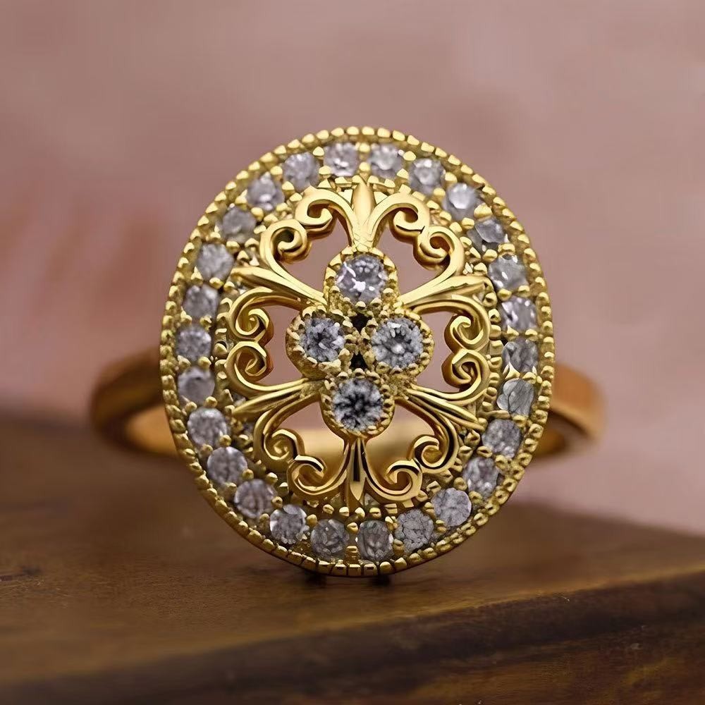 Vintage Women 18k Gold Plated CZ Sparkling Hollow Round Band Ring Size 6-10