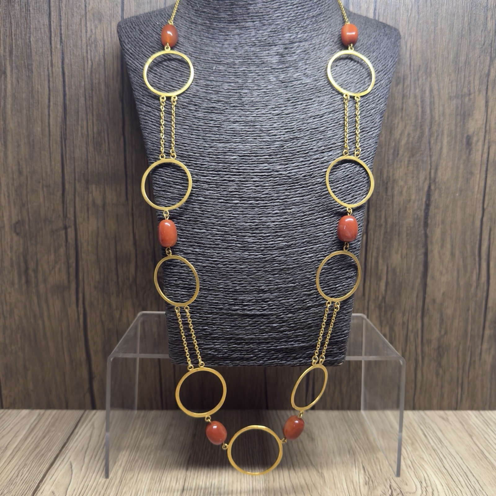 RETRO Carnelian Station Necklace Gold Plated Rings Designer Statement 82cm Long