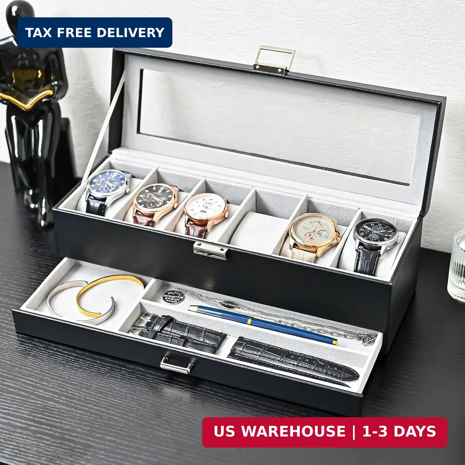 ProCase Watch Box, 6 Slot Watches Display Case with Drawer, Mens Watch Case with