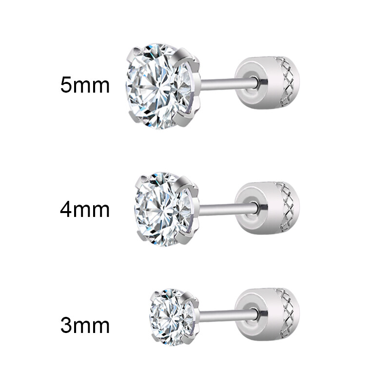 2PCS Silver Stainless Steel Round CZ Earrings Screw Back Ear Stud for Men Women