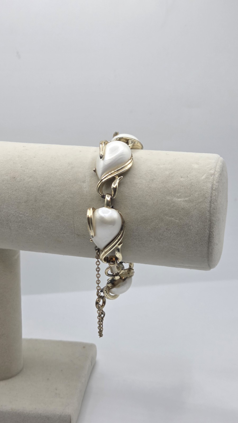 Vintage Coro Heart Bracelet White Enamel Faux Pearl Gold Tone With Safety Chain