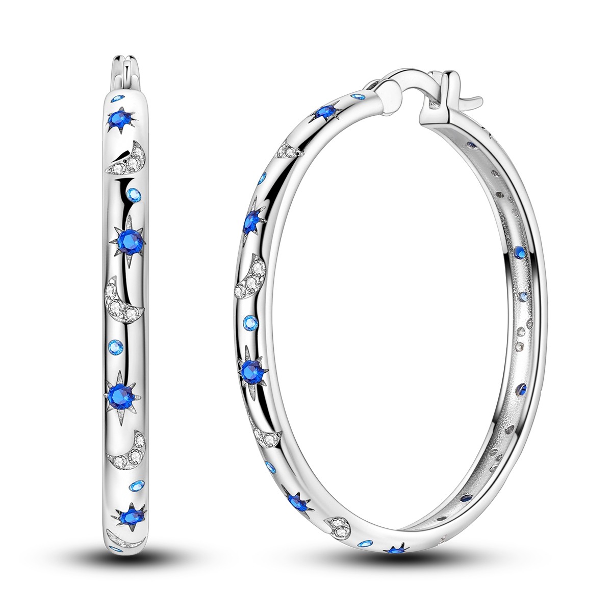 LAZA 925 Sterling Silver Women Hoop Earrings Sparkling Starry Night Moon Blue CZ