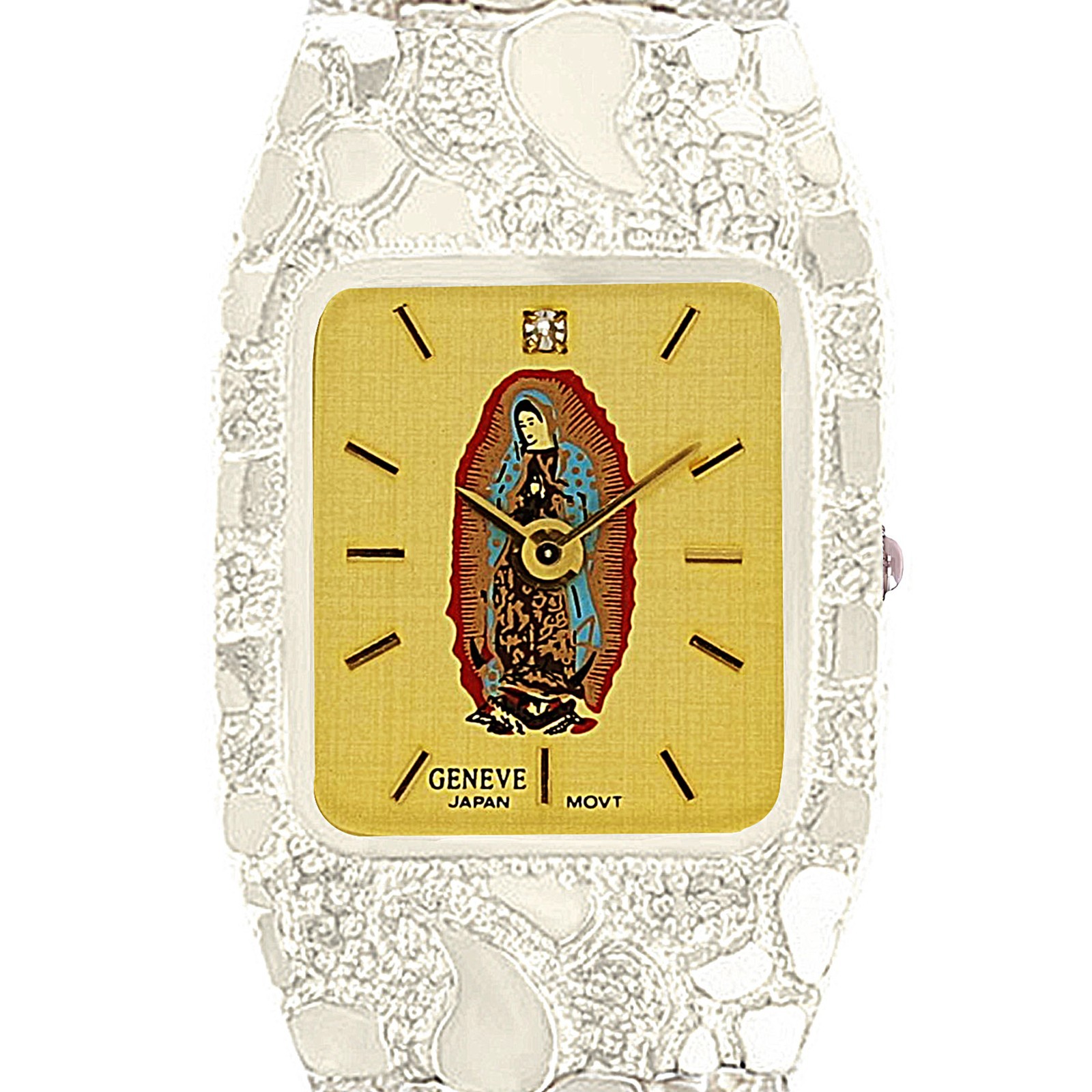 Sterling Silver Nugget Link Wrist Watch Guadalupe Geneve Diamond 6.5-7″ 24.7gram