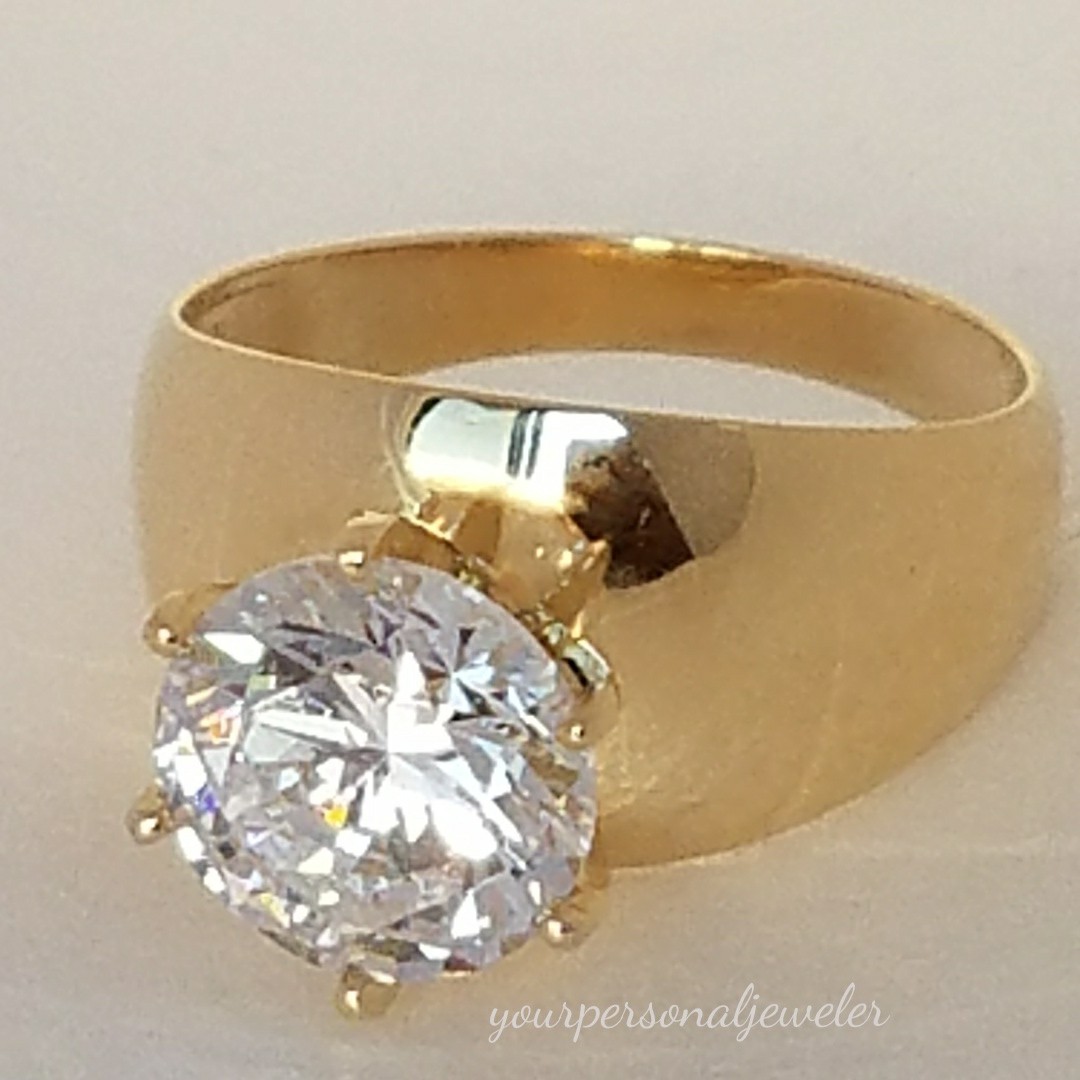 Real 14k yellow gold 3 carat Solitaire round cut stone Engagement Ring wide band