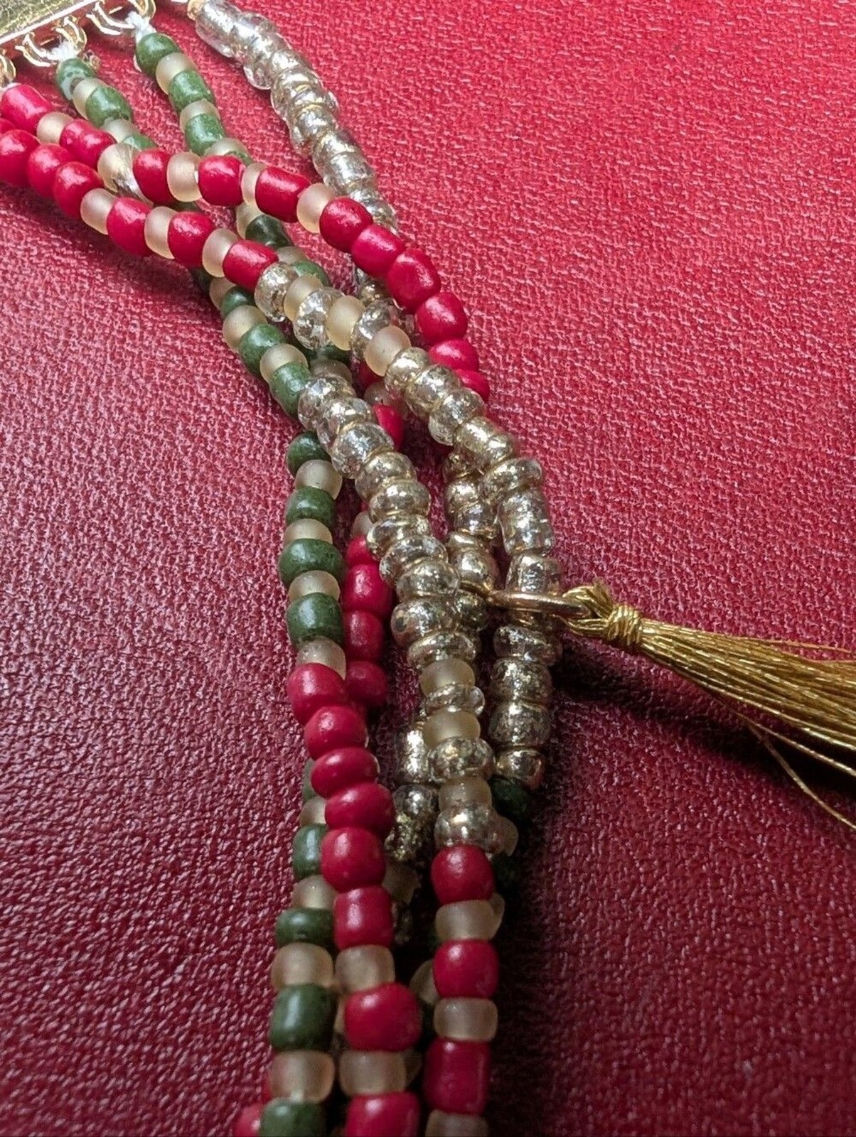 Multi-Strand Red Green Gold Beaded Tassel Necklace