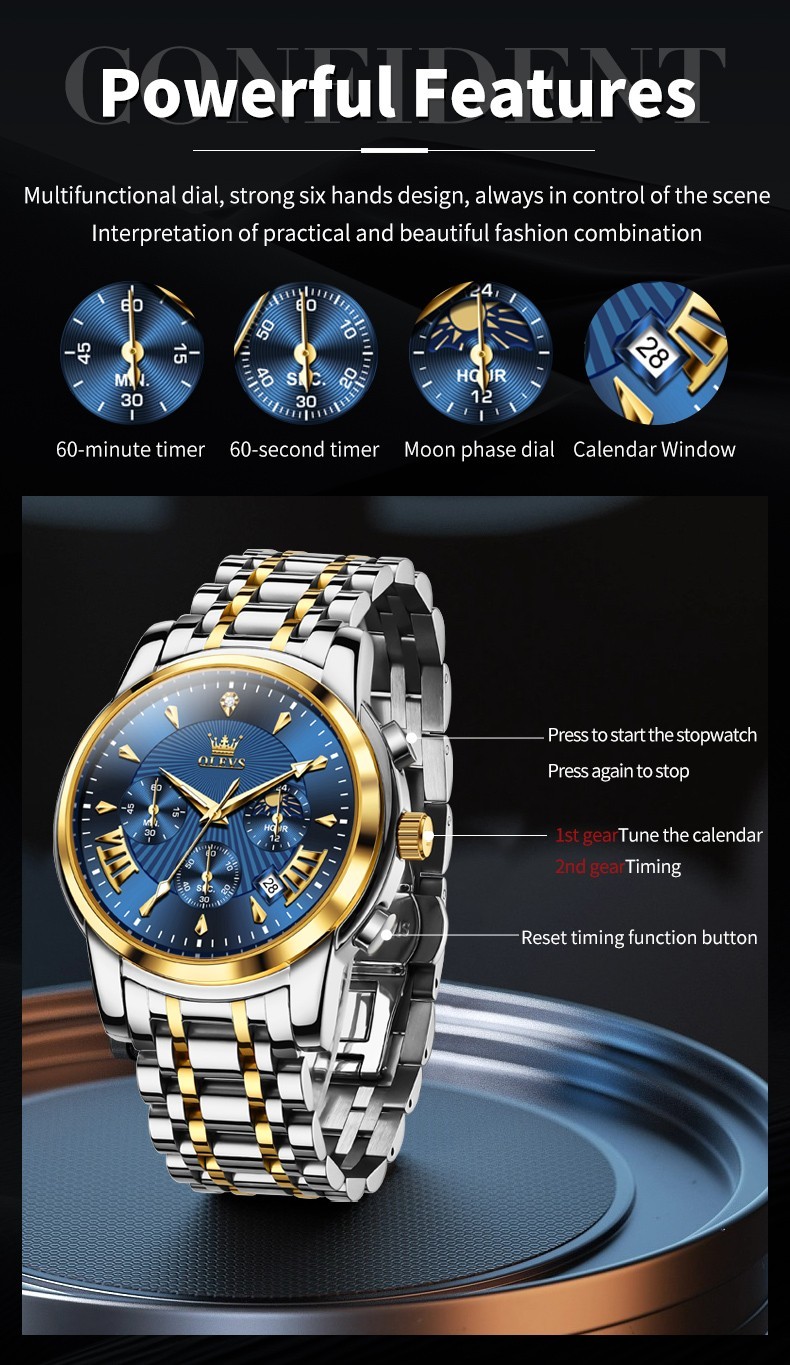 OLEVS 2892 Luminous Multifunctional Male Gift Top Quality Casual Quartz Watch