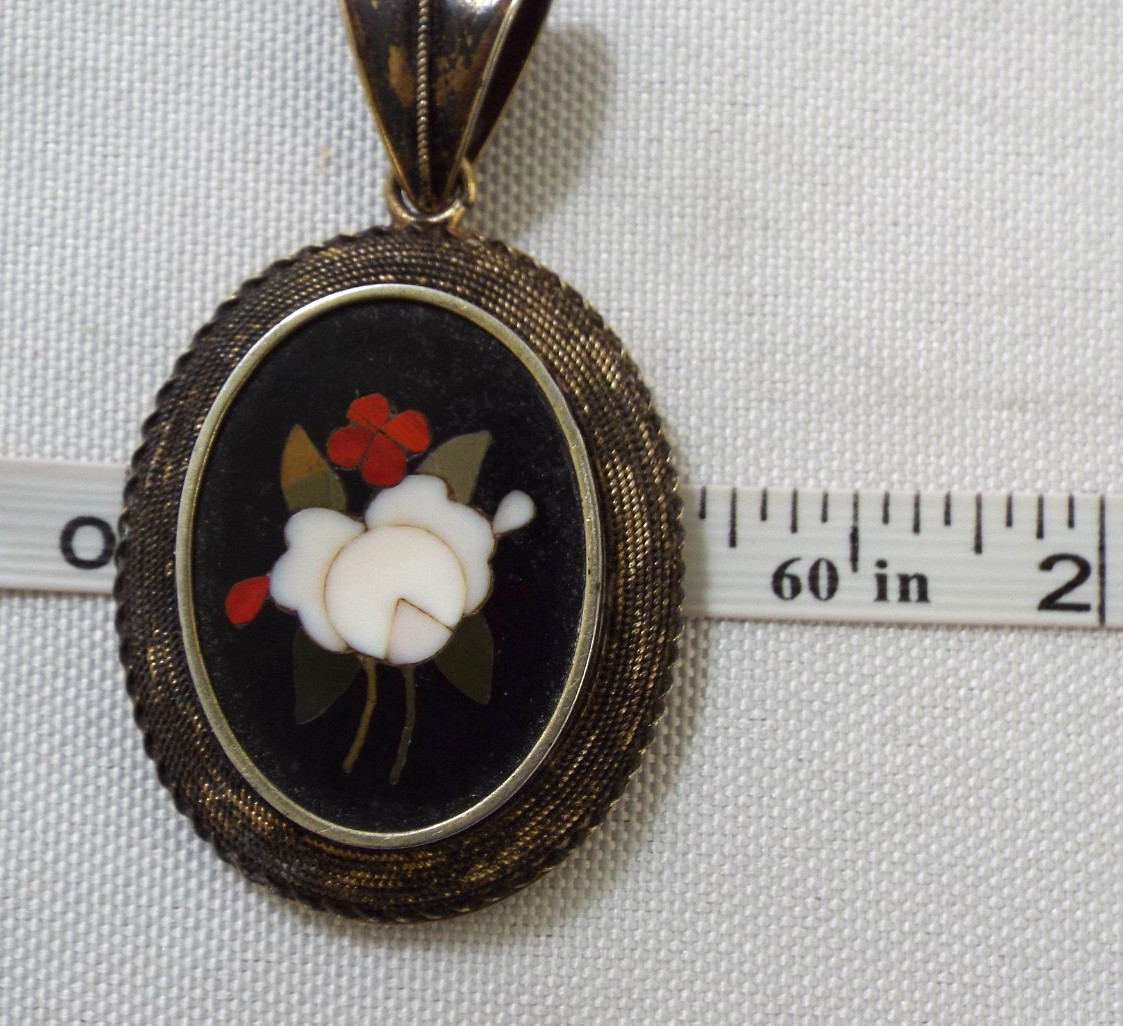 Antique Italian Pietra Dura Inlaid Mosaic 2 Sided Pendant Sterling Silver 12.1g