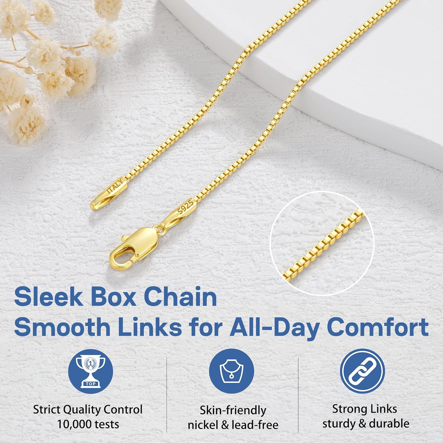 1.3Mm Box Chain 14K Gold Plated 925 Sterling Silver Chain Necklace for Women, Th