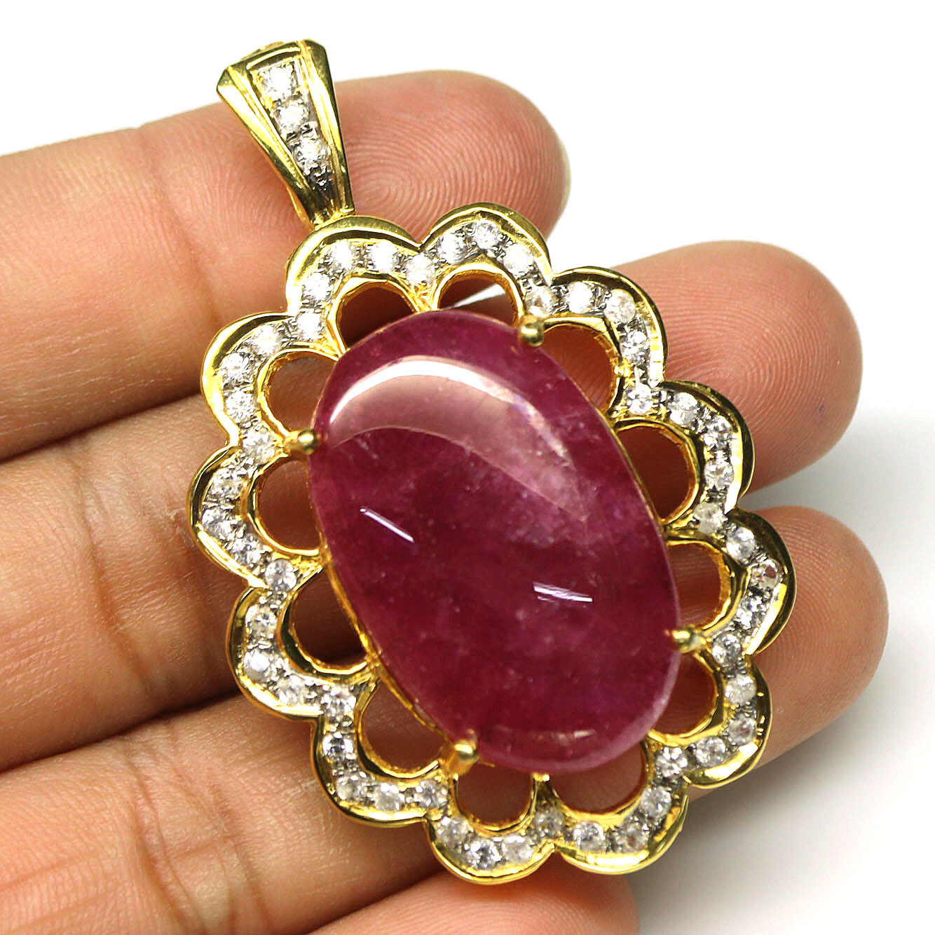 Gemstone 19 x 31 mm. Red Ruby & White Zircon Pendant 925 Silver 18K Gold