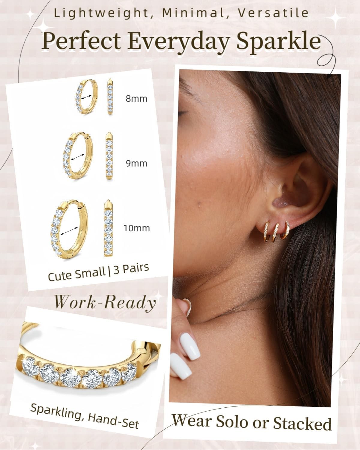 3 Pairs Gold 8Mm 9Mm 10Mm Huggie Hoop Earrings Set for Women Stackable | Non Tar