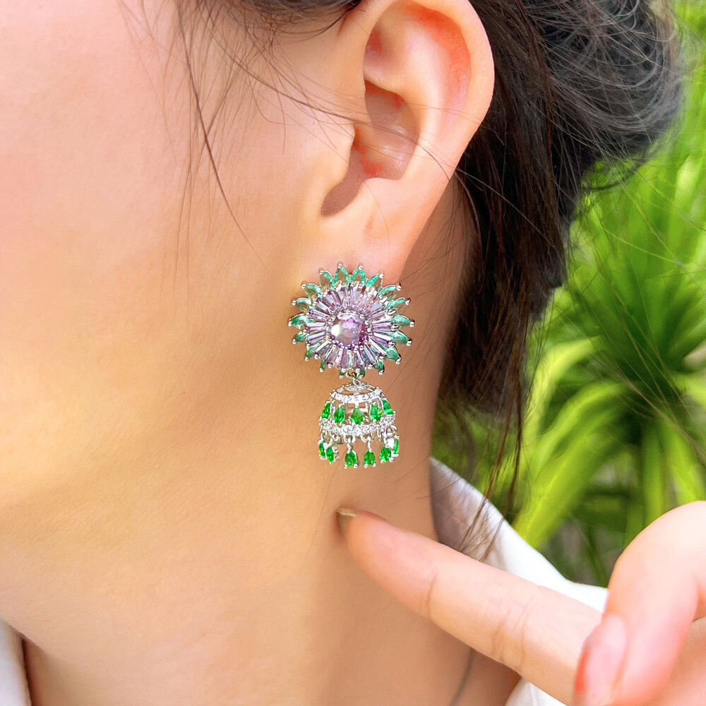 Silver Plated Green Purple Flower Tassel Dangle Earrings Women Zirconia Jewelry