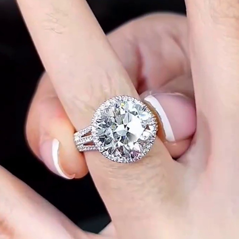 4.2TCW Round Cut Moissanite Three Row Halo Engagement Ring 14K White Gold Plated