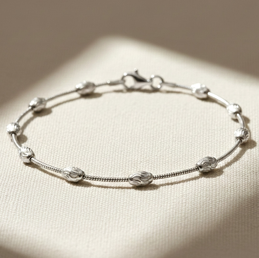 Solid 925 Sterling Silver Diamond-Cut Oval-Shaped Beaded Italian Bracelet 7″ 7.5