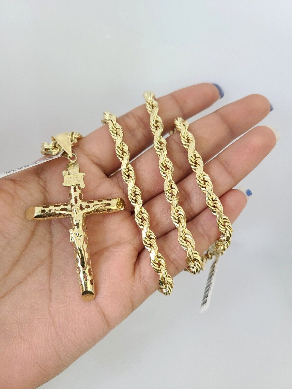 10kt Gold Rope Chain INRI Cross Charm Set 18″-30” Inch 6mm Necklace Pendant