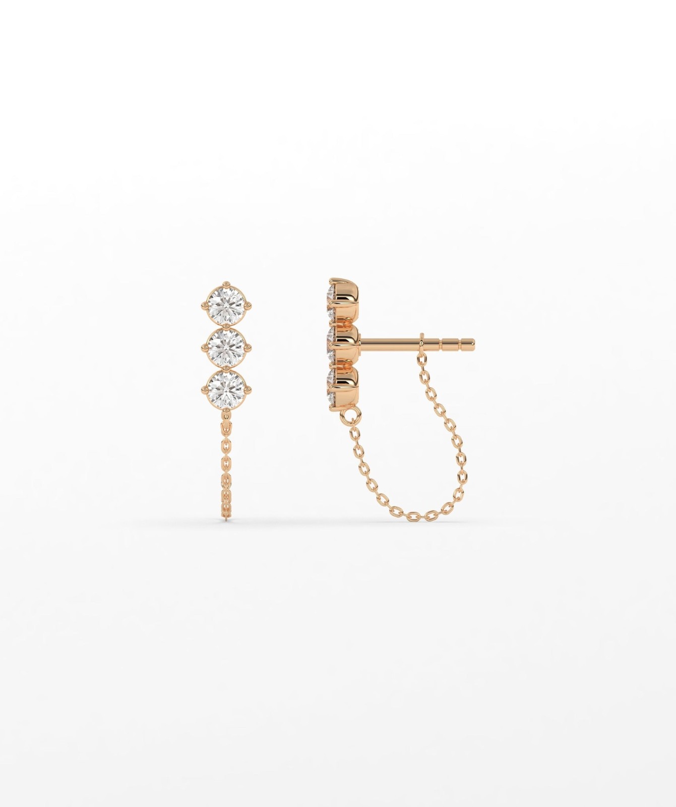 14K Gold Round Lab Grown Diamond Three Stone Climber with Chain Loop Earrings