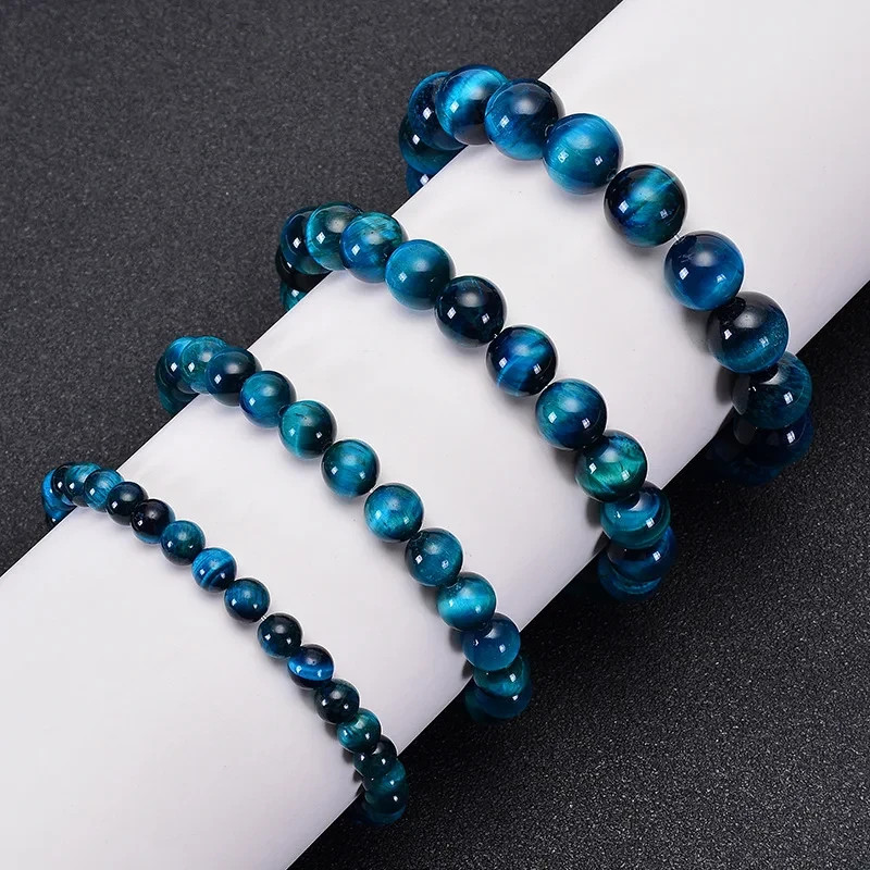 Natural Blue Tiger Eye Stone Bracelet Energy Crystal Beaded Gift for Men Women