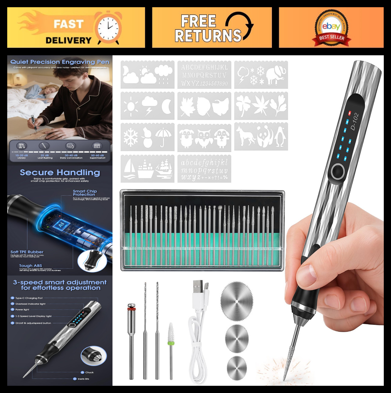 Electric Engraving Pen Kit – 37 Bits, USB Rechargeable, 3-Speed, Cordless Tool f