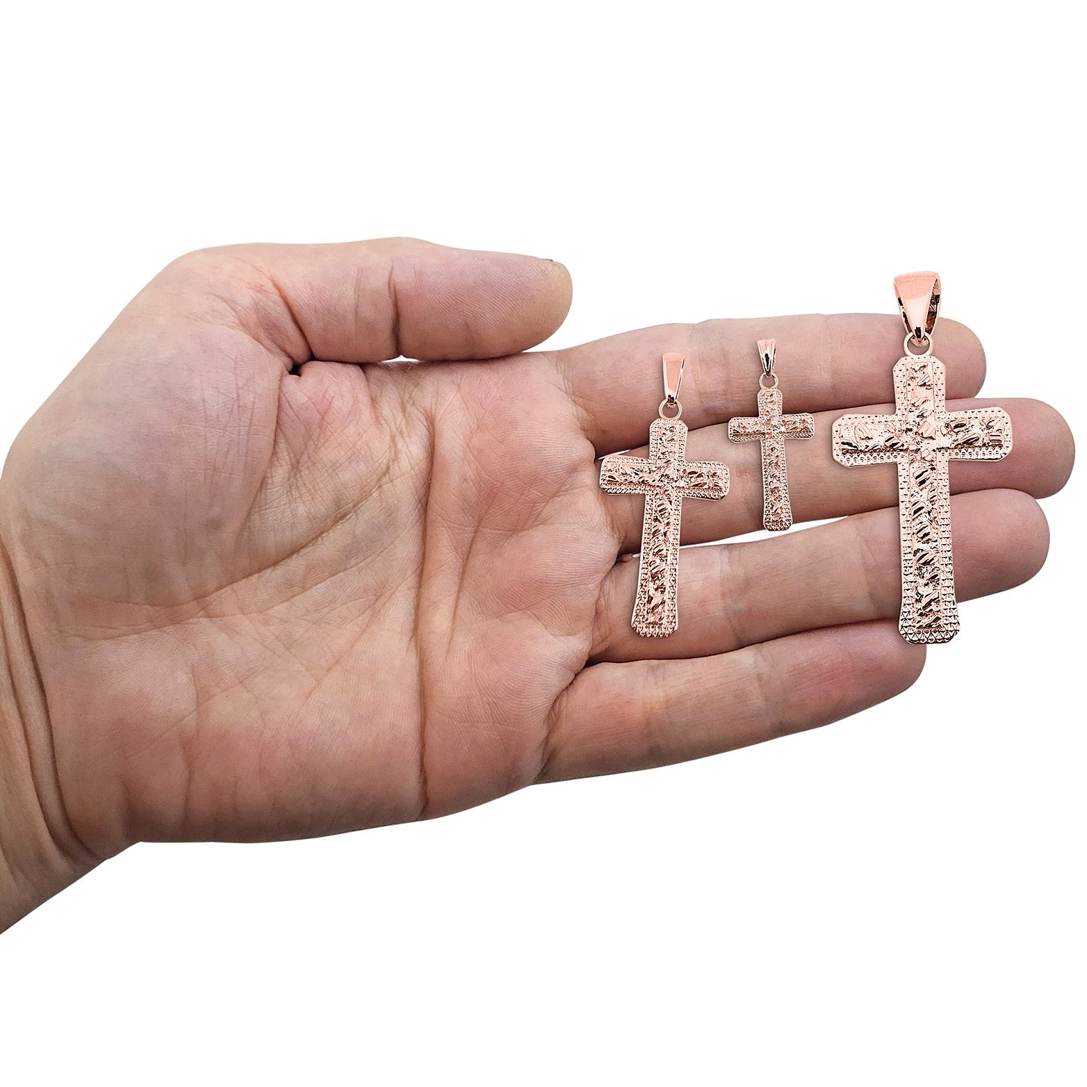 Real 10K Rose Gold Nugget Cross Textured Edge Mens Diamond Cut Pendant All Sizes