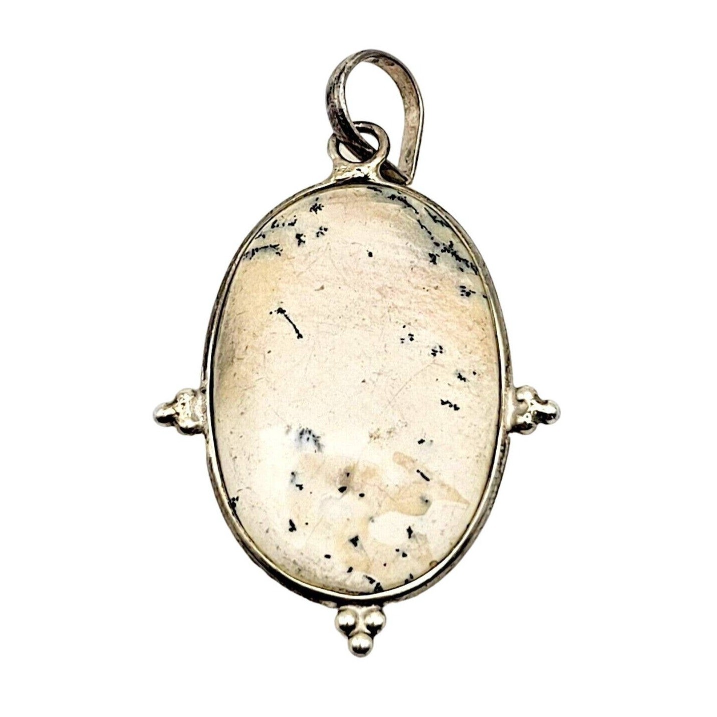 DENDRITE OPAL PENDANT Oval Silver Tone Setting White Gray Blue 1 1/4″ x 3/4″