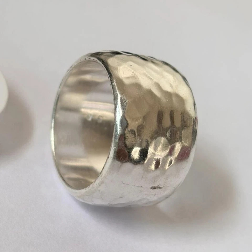 Solid 925 Sterling Silver Wide Hammered Band Ring Handmade Gift Ring All Size