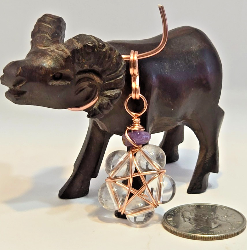 Copper Wire Wrapped 5-Point Star Pendant with Clear Quartz & Amethyst Chip