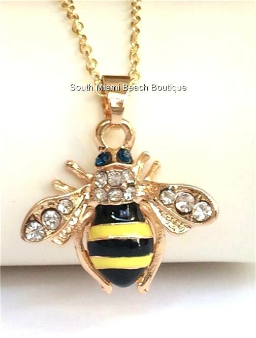 Gold Bumble Bee Necklace 18″ Crystal Insect Queen Bea Plated USA Seller