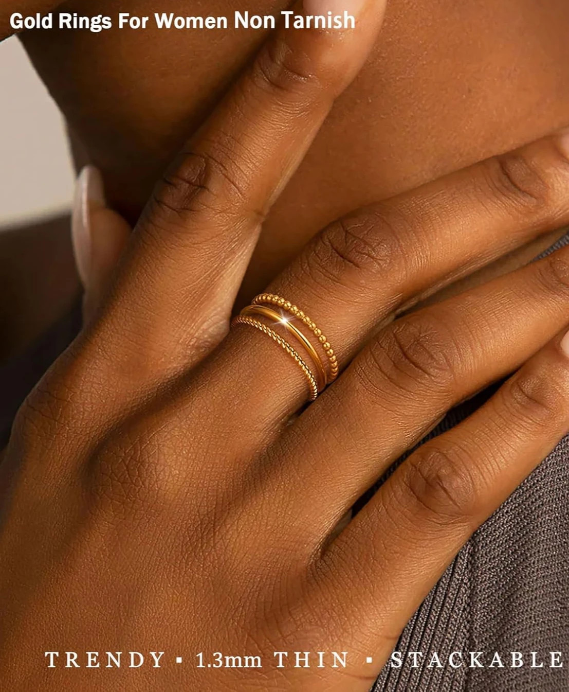 Women Non Tarnish Stackable 1.3mm Thin Ring 14K Gold Plated Dainty Ring Set.