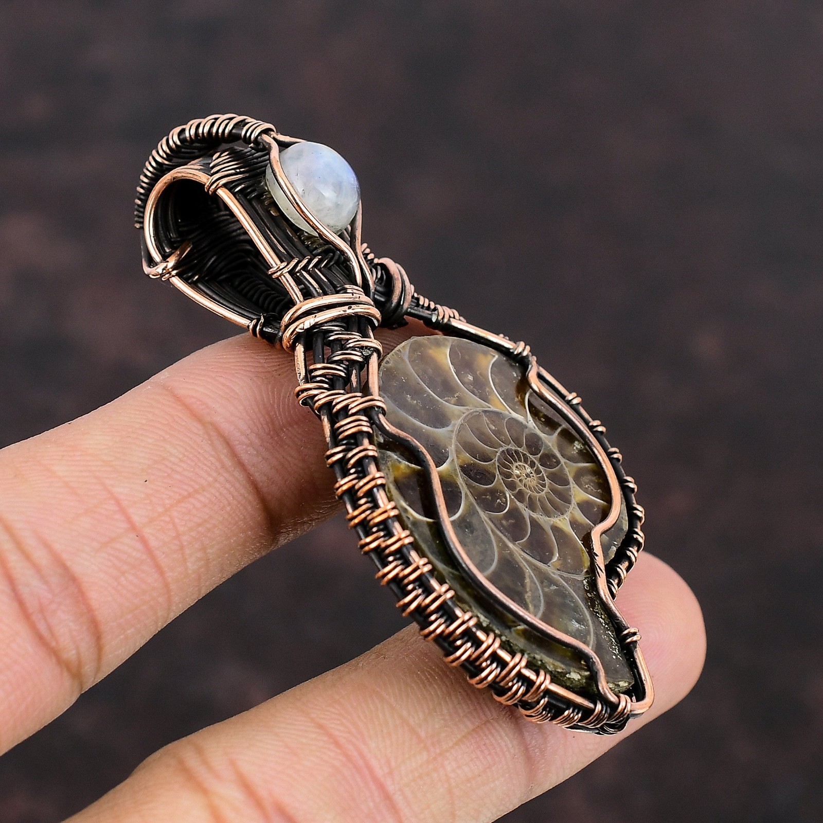 Copper Ammonite Fossil Stone Rainbow Moonstone Unique New Wire Wrapped Pendant