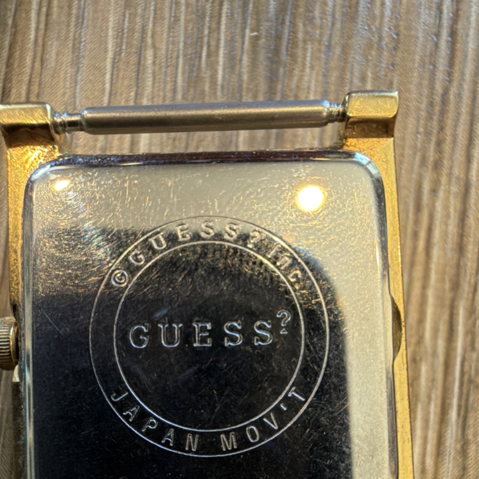 GUESS Gold Metal Wristwatch Brown Leather Strap Non-Numeric Hour Marks