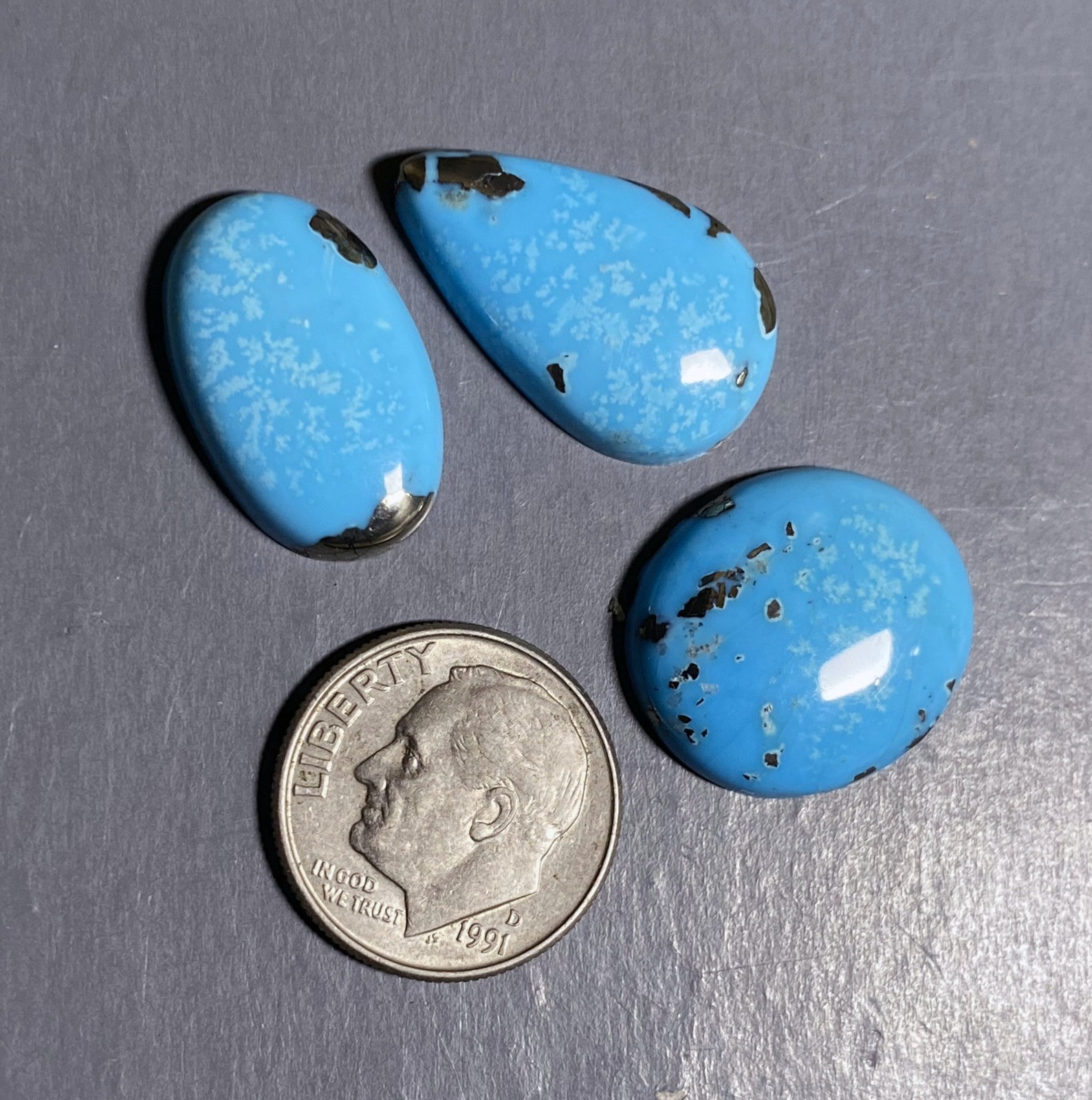 All 3 Persian Turquoise Cabochons with Pyrite Pear Oval Shape