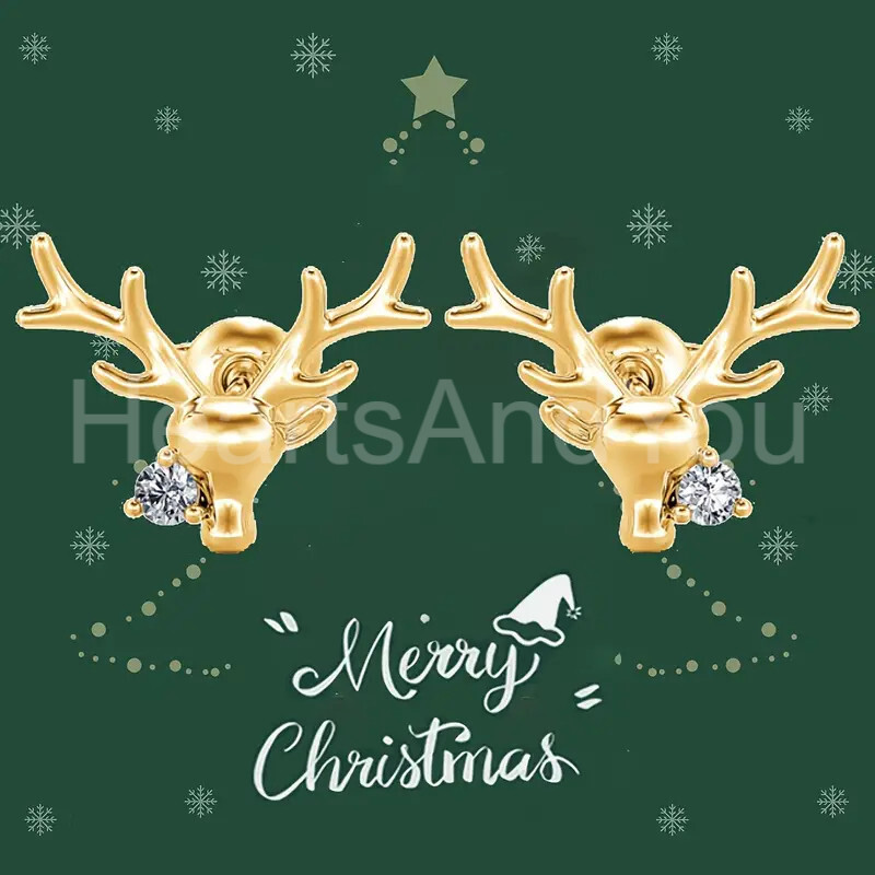 1ct Round Cut Moissanite Stag Reindeer Stud Earrings 14K Yellow Gold Plated