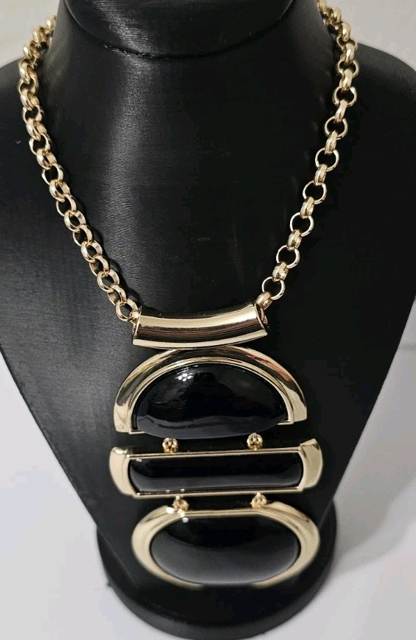 Chicos Gold Black Enamel Statement Necklace Geometric Bib Pendant Rolo Chain 24″