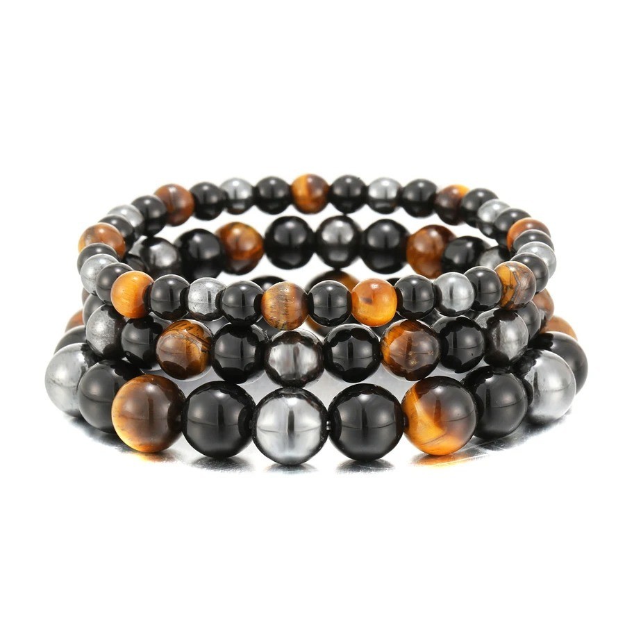 Triple Protection Bracelet 8mm Tiger Eye Obsidian Hematite Crystal Gemstone Bead