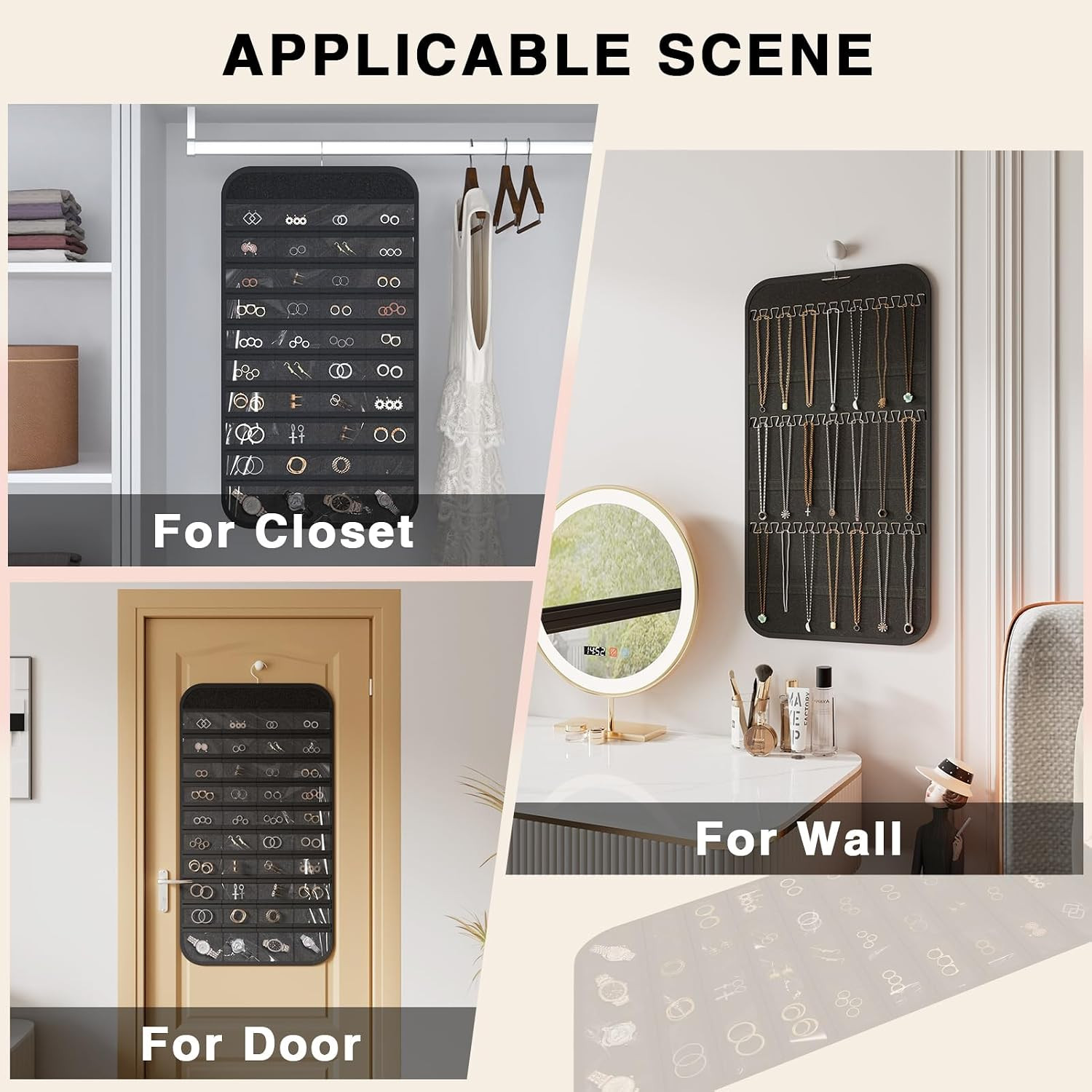 Double-Sided Jewelry Organizer with Hooks & Pockets for Necklaces and Earrings