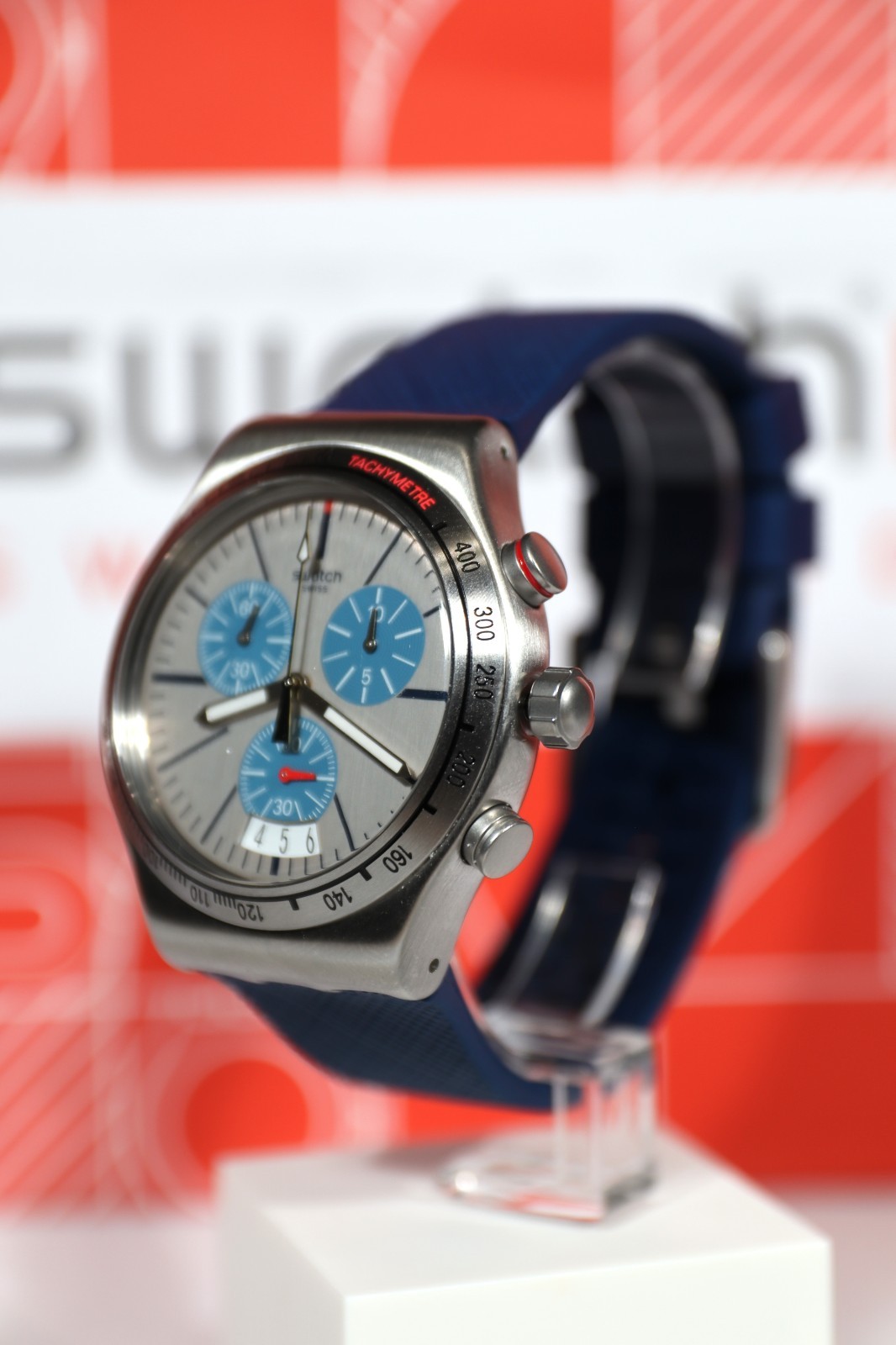 NEW Rare Swiss Swatch Irony BLAU ME ON Silicone Blue Chrono Watch 43MM YVS435