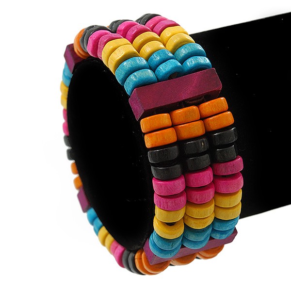 Multicoloured Wood Bead & Bar Flex Bracelet – 18cm Length